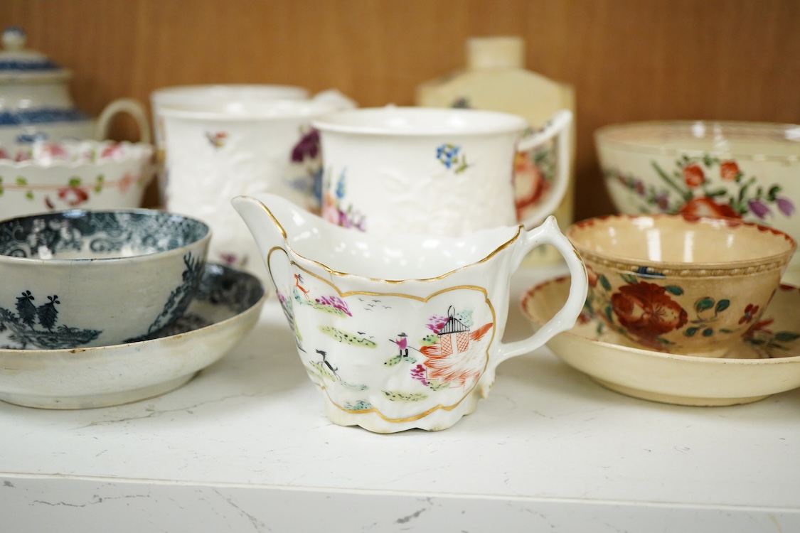 A group of late 18th century cream ware including a tea caddy a slops bowl, a tea bowl and saucer etc. and various 19th-century porcelain and pottery, blue and white tea caddy, 12cm high.